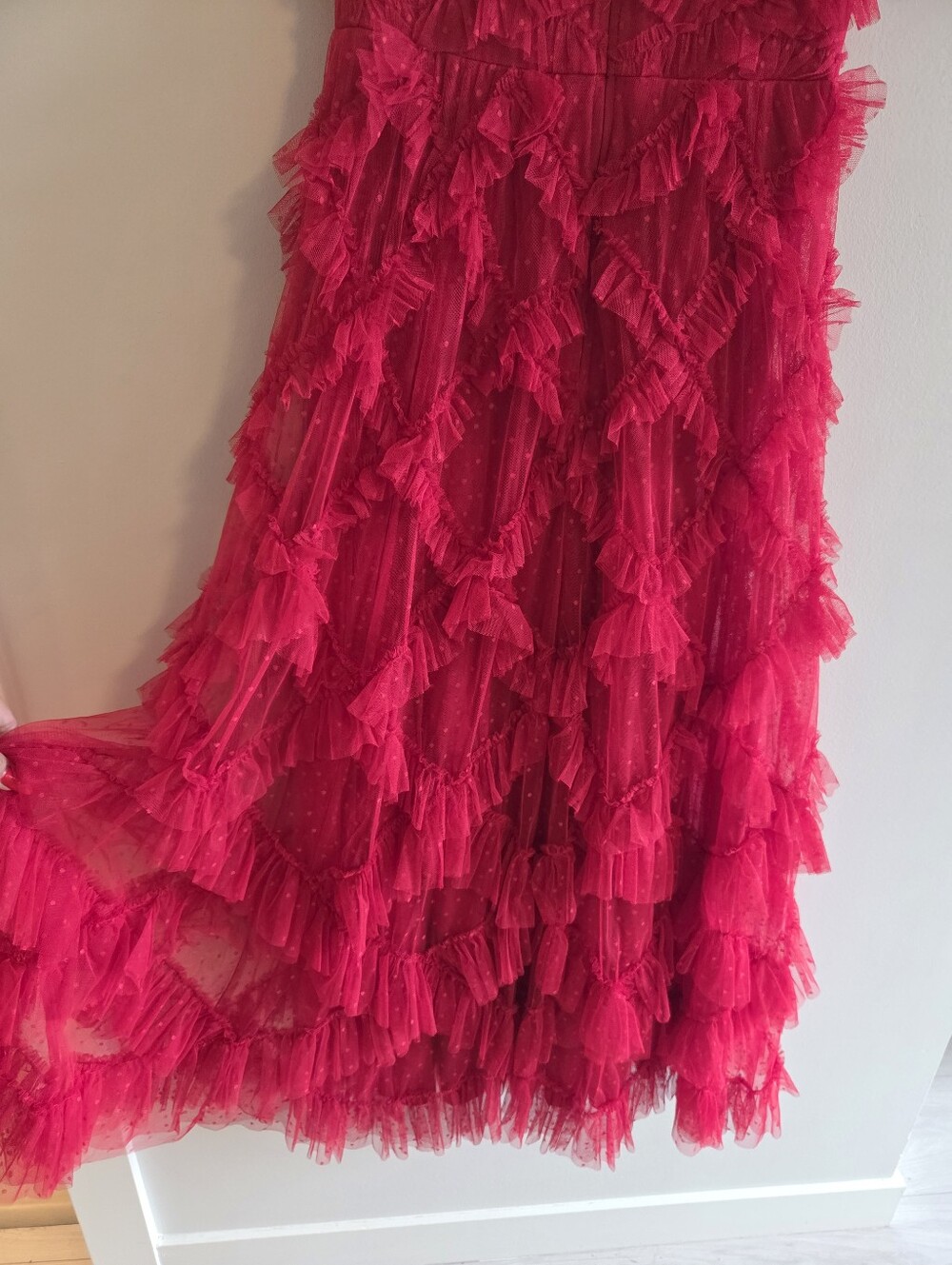 Red Ruffle Lace Maxi Dress SIZE MEDIUM - Picture 3 of 8